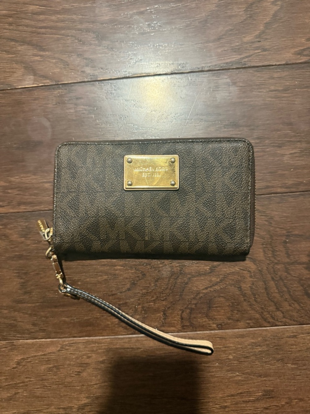 Michael Kors Brown Logo Zip Wristlet with Gold Plaque